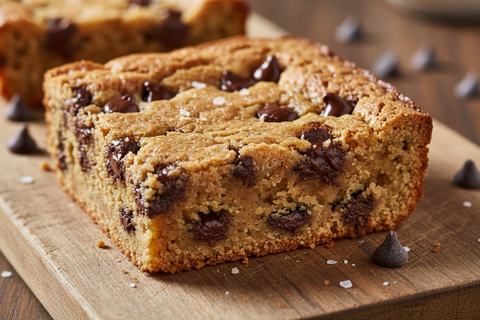 A soft, buttery-style blondie crafted with almond meal and coconut oil for a tender, moist crumb. Sweetened with coconut palm sugar and layered with pure vanilla and rich chocolate chips, this blondie delivers warm caramel-like notes with just the right touch of sweetness. Finished with whole eggs and a hint of sea salt, it’s a smooth, indulgent take on a classic blondie—balanced, flavorful, and deeply satisfying in every bite.