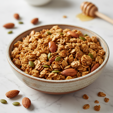 A sophisticated blend of roasted almonds and pumpkin seeds combined with wholesome oats, bound together with coconut oil and honey for a naturally sweet granola. This nutrient-dense mixture delivers satisfying crunch and sustained energy from quality ingredients.