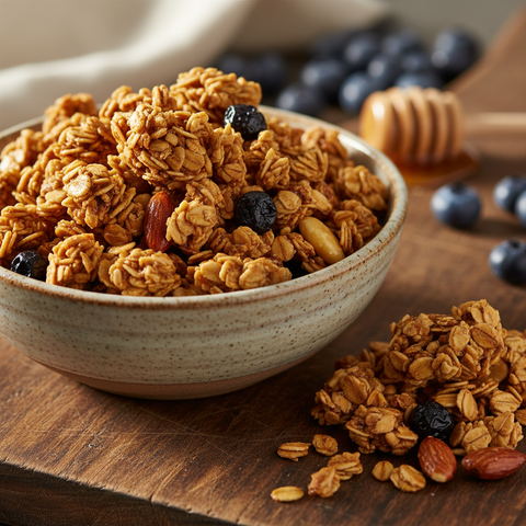 A wholesome blend of roasted almonds and oats sweetened with honey, studded with antioxidant-rich blueberries. This granola delivers satisfying crunch and natural sweetness in every spoonful, making it an ideal choice for breakfast bowls, yogurt parfaits, or straight from the jar as a nutritious snack.