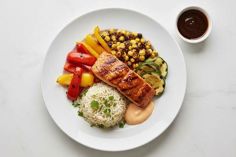 Give me a top down photo and add a Koarean bbq sauce on the side