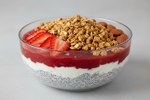 Let's mix the chia and the yogurt and give me a pdp photo on a wider clear bowl