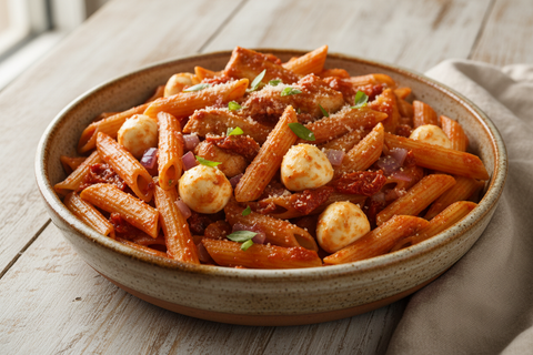 Make it on a bowl and the ingredients need to be mix all in this saucier sundried tomatoe pesto sauce. Also, the onions need to be diced.