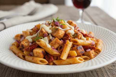 The chicken needs to be cubed and mixed with the pasta and the rest of the gredients. The onions need to be diced.